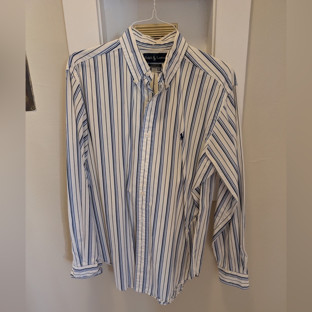 Polo by Ralph Lauren Men's White and Blue Striped Shirt